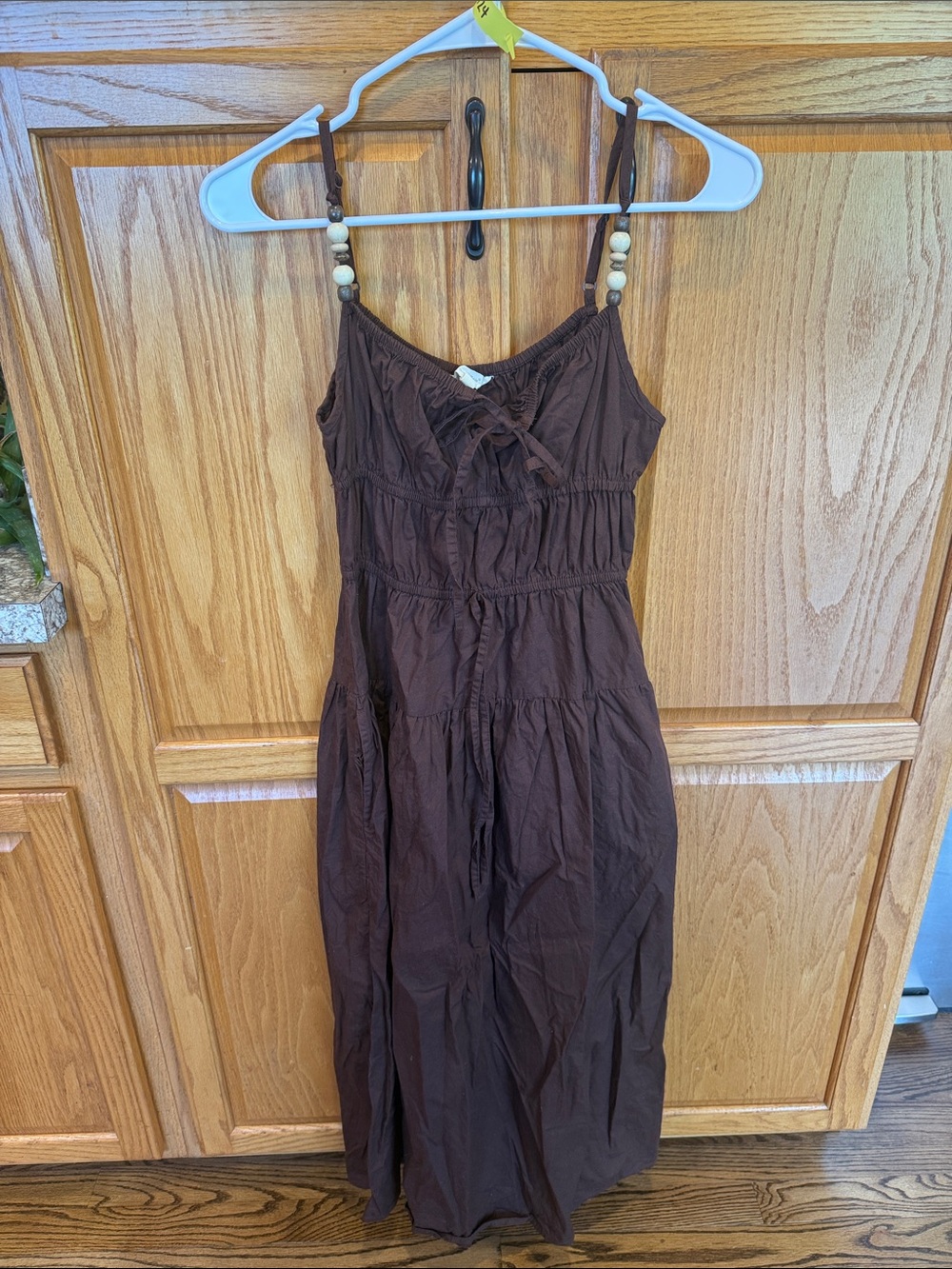 724 Sim & Sam XS Brown Boho Maxi Dress Beaded Straps Tiered Cotton